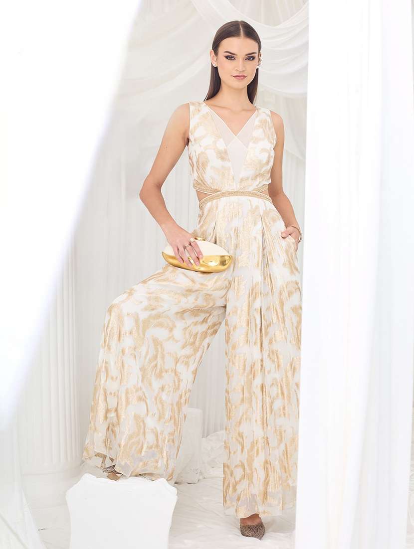 women self design sleeveless full leg jumpsuit