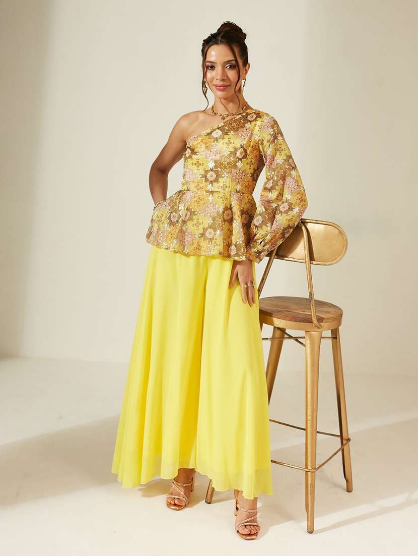 women printed one shoulder top and palazzo set