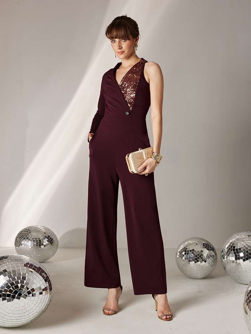 women sequined overlap neck full leg jumpsuit