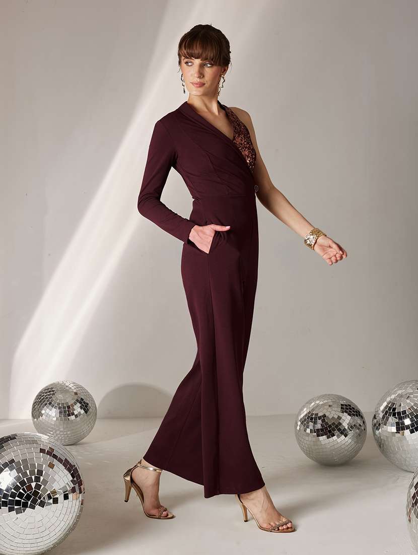 Women Sequined Overlap Neck Full Leg Jumpsuit - 22587958 -  Standard Image - 3