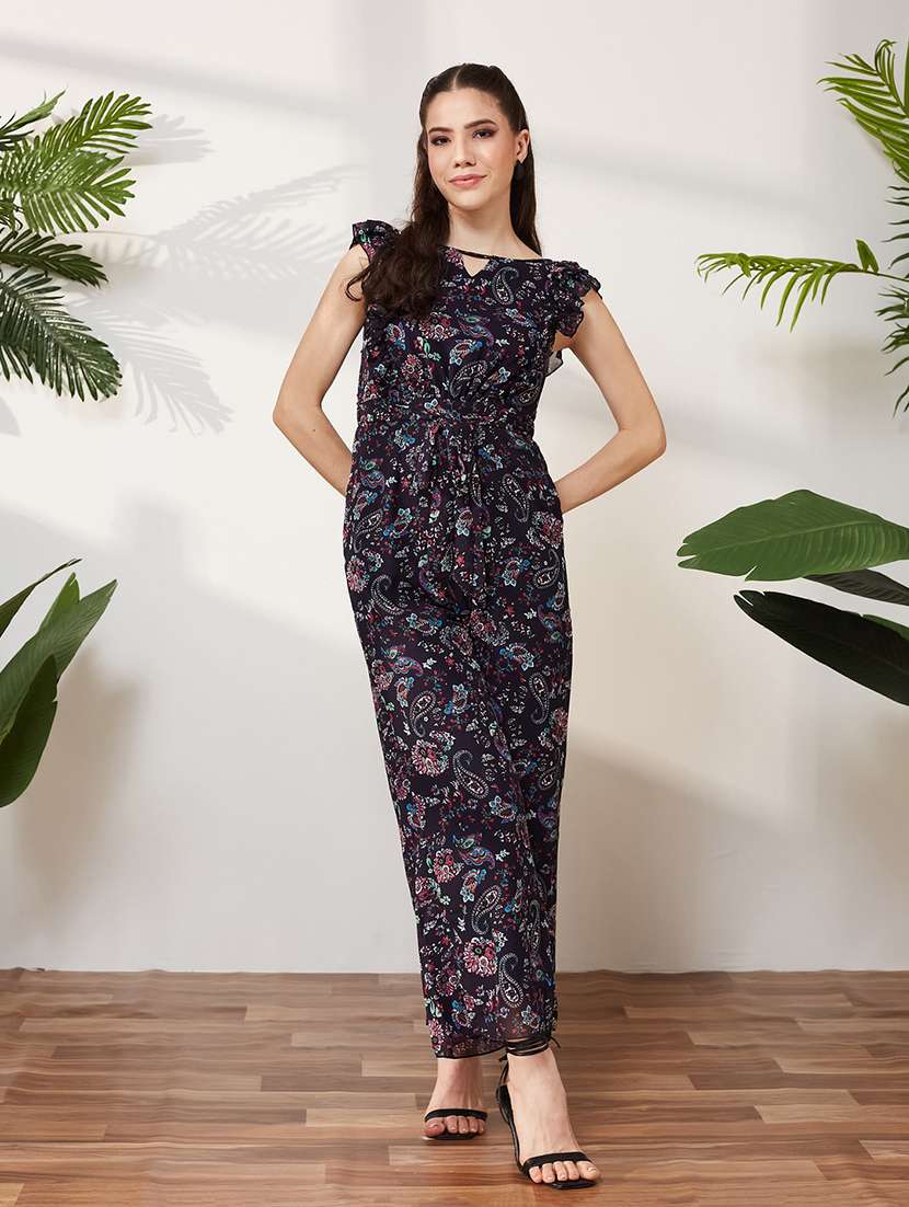 women printed sleeveless full leg jumpsuit