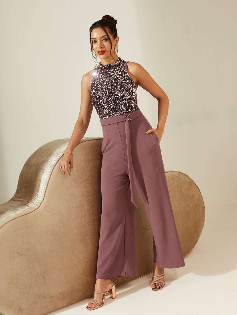women sequined sleeveless full leg jumpsuit