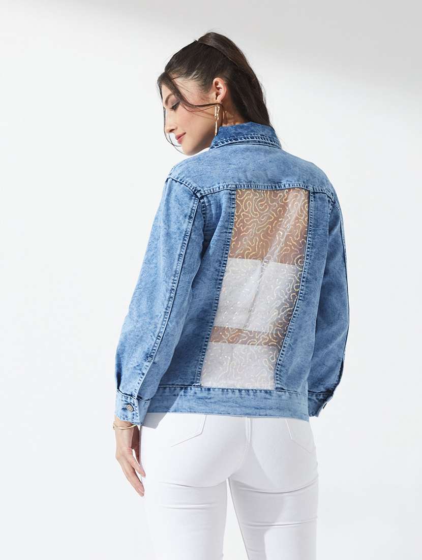 women embellished long sleeves denim jacket