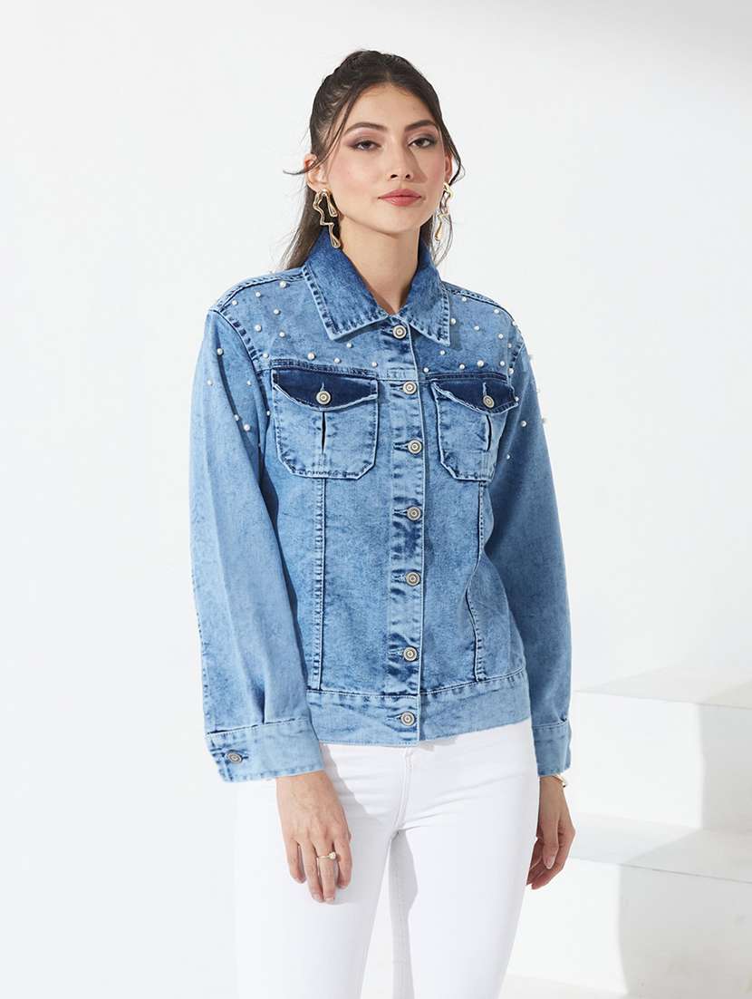 women embellished long sleeves denim jacket