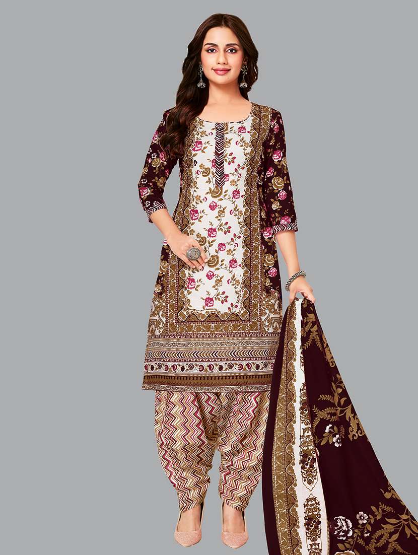 women printed three quarter sleeve kurta patiala with dupatta set