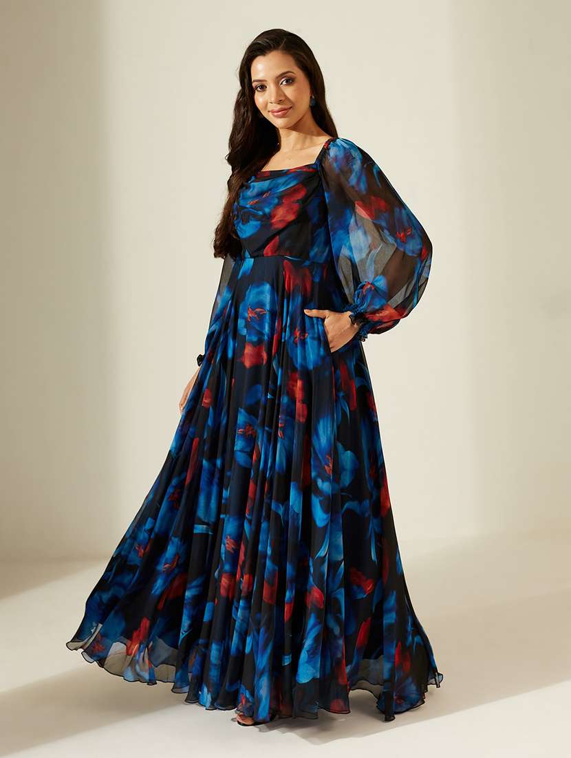 women printed bishop sleeves fit and flare dress - 22588110 -  Standard Image - 3