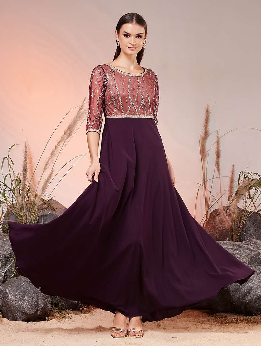 women embroidered three quarter sleeves fit and flare gown