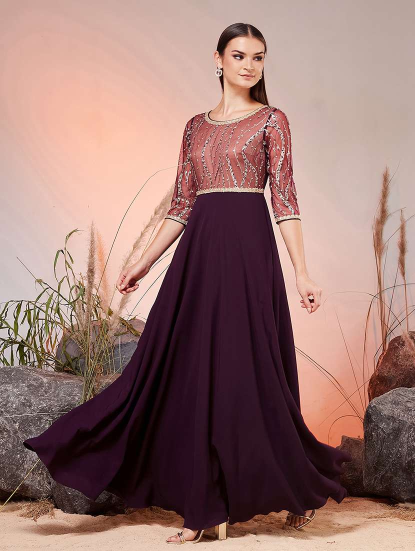 Women Embroidered Three Quarter Sleeves Fit And Flare Gown - 22588125 -  Standard Image - 3