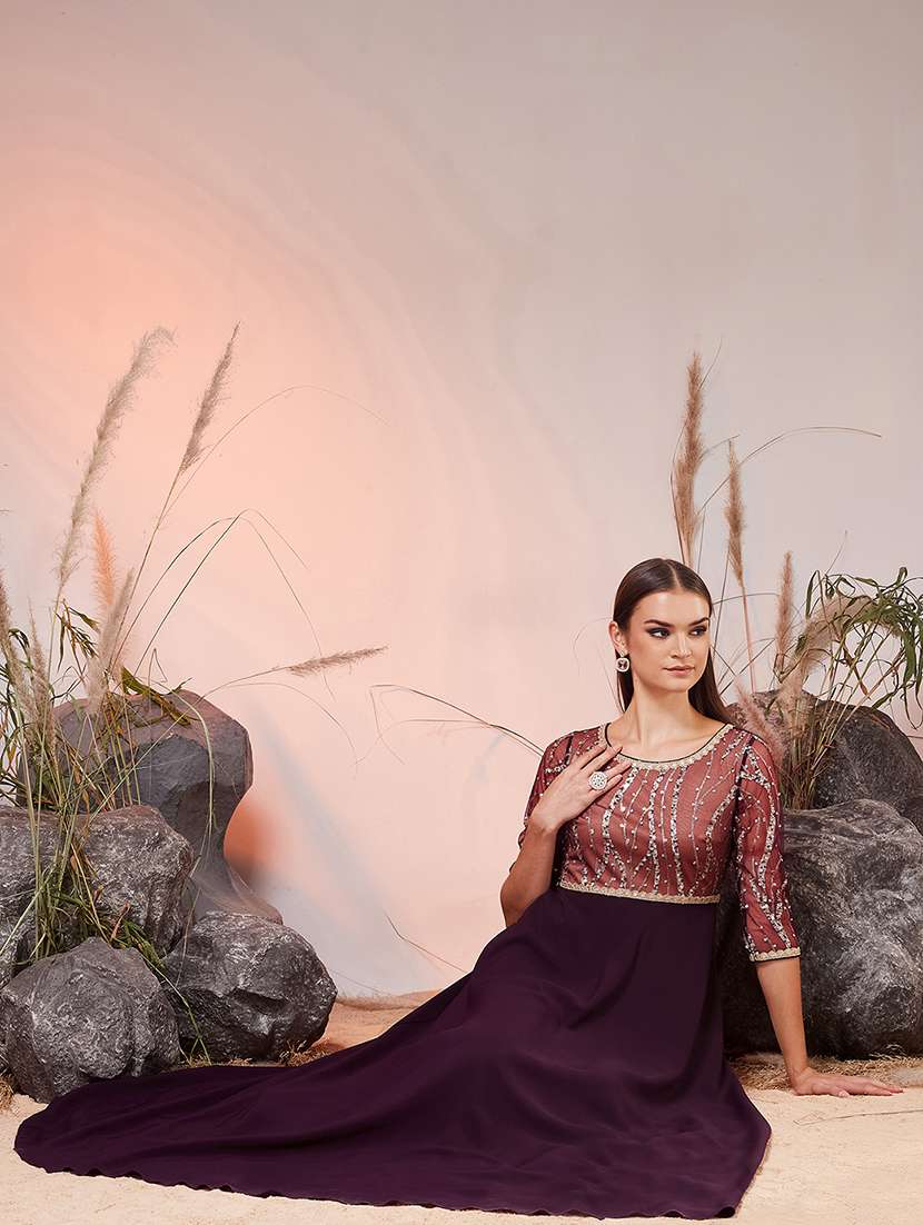 Women Embroidered Three Quarter Sleeves Fit And Flare Gown - 22588125 -  Standard Image - 5