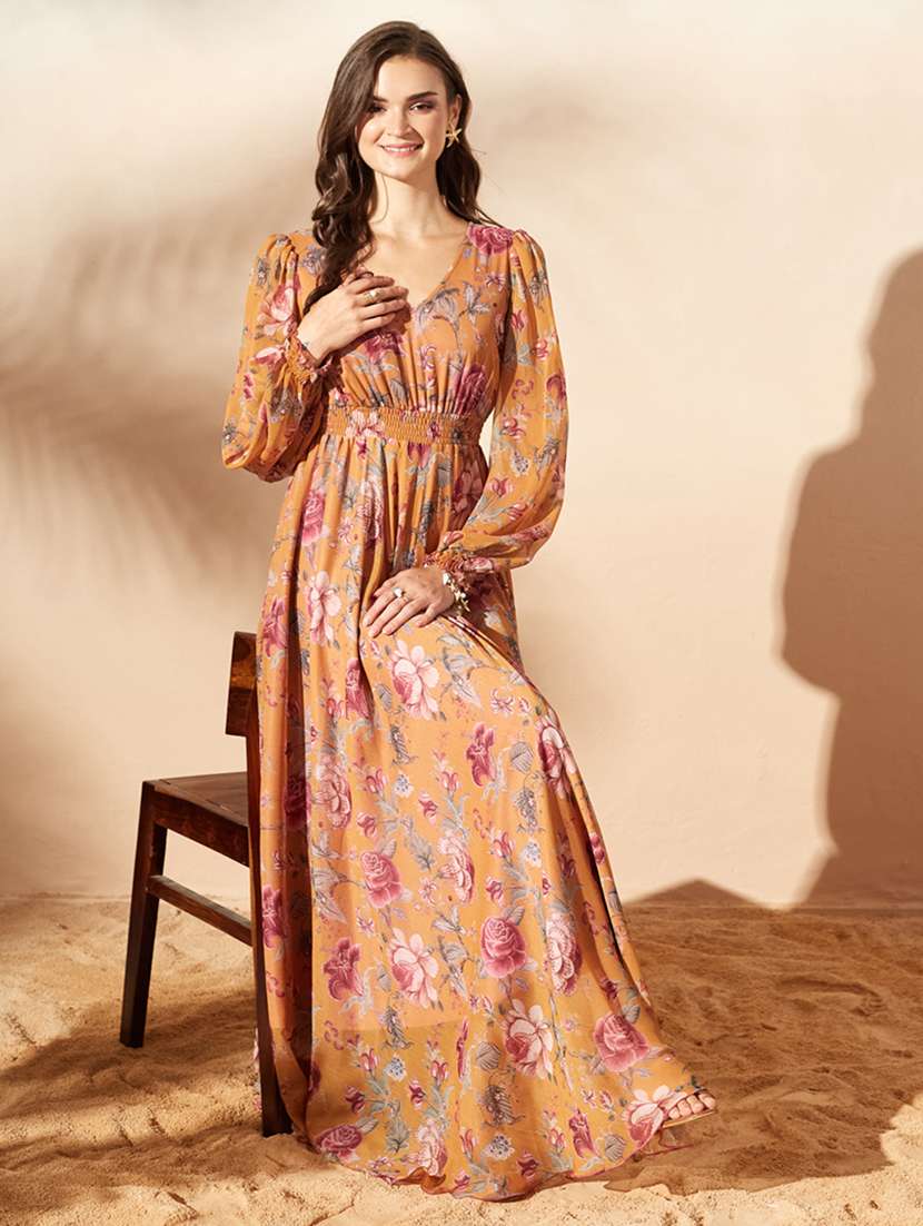 women printed long sleeves fit and flare dress