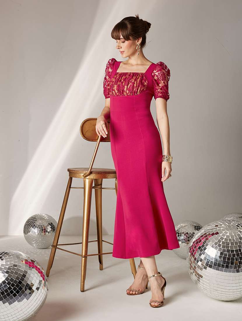 women self design puff sleeves sheath dress