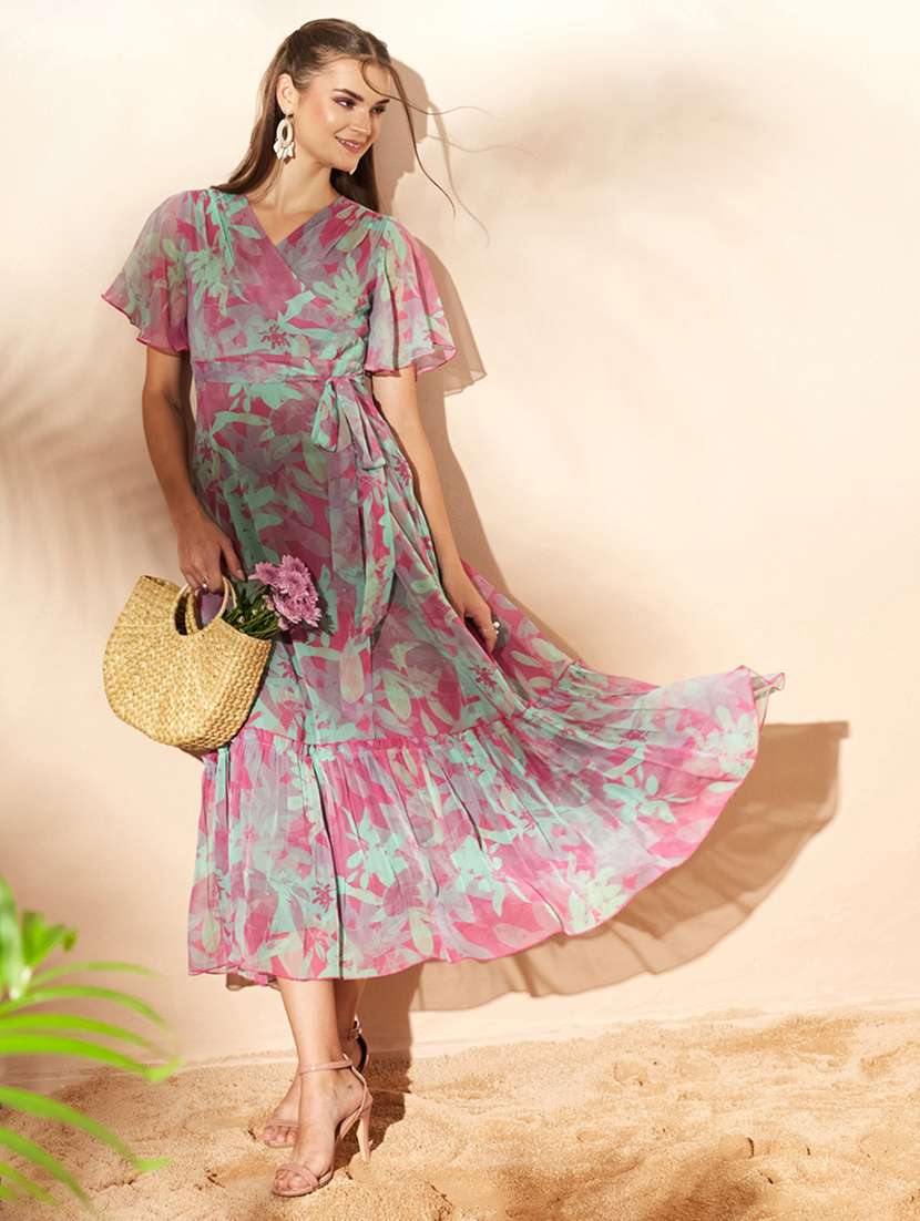 women printed flared sleeves tiered dress