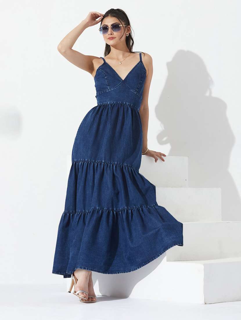 women solid shoulder strap tiered dress