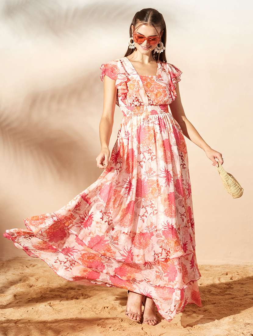 women printed flared sleeves tiered dress