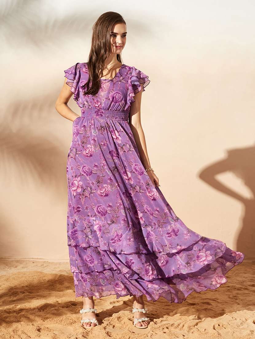 women printed ruffle sleeves tiered dress
