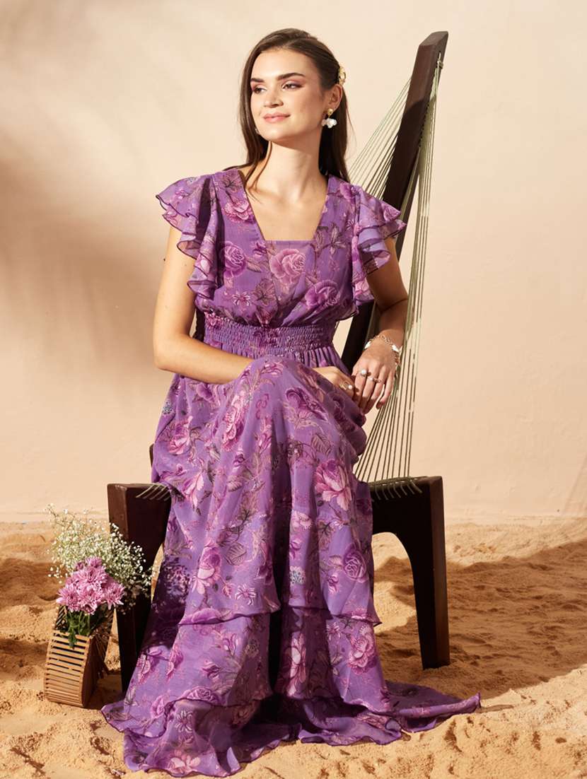 women printed ruffle sleeves tiered dress - 22588154 -  Standard Image - 5