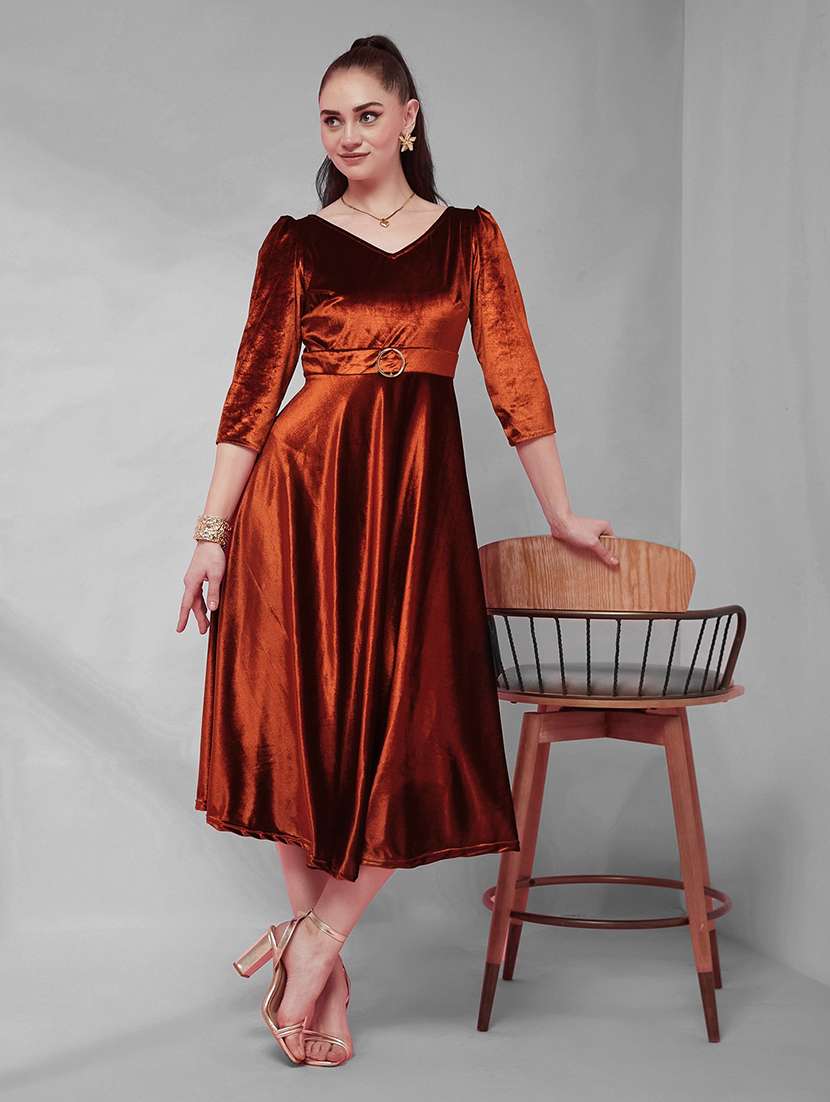 women solid three quarter sleeves fit and flare dress