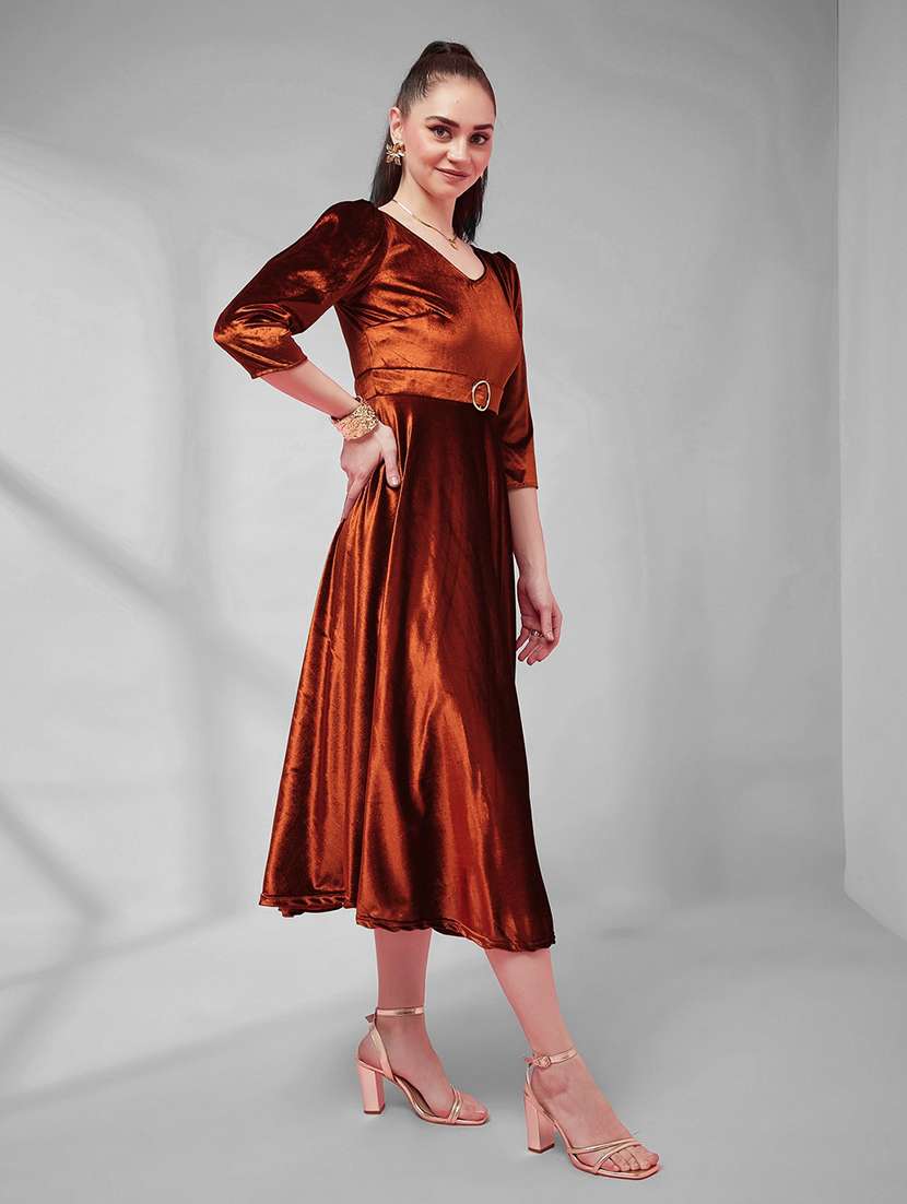 women solid three quarter sleeves fit and flare dress - 22588160 -  Standard Image - 3