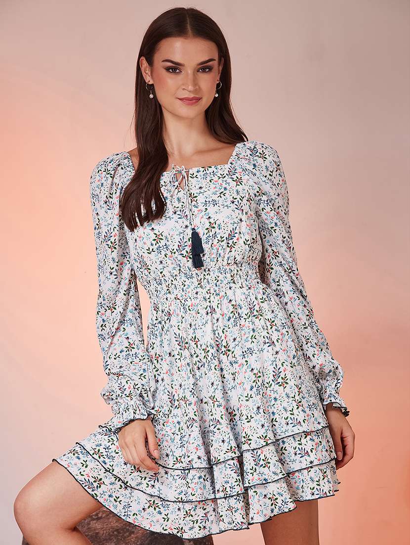 women printed long sleeves tiered dress