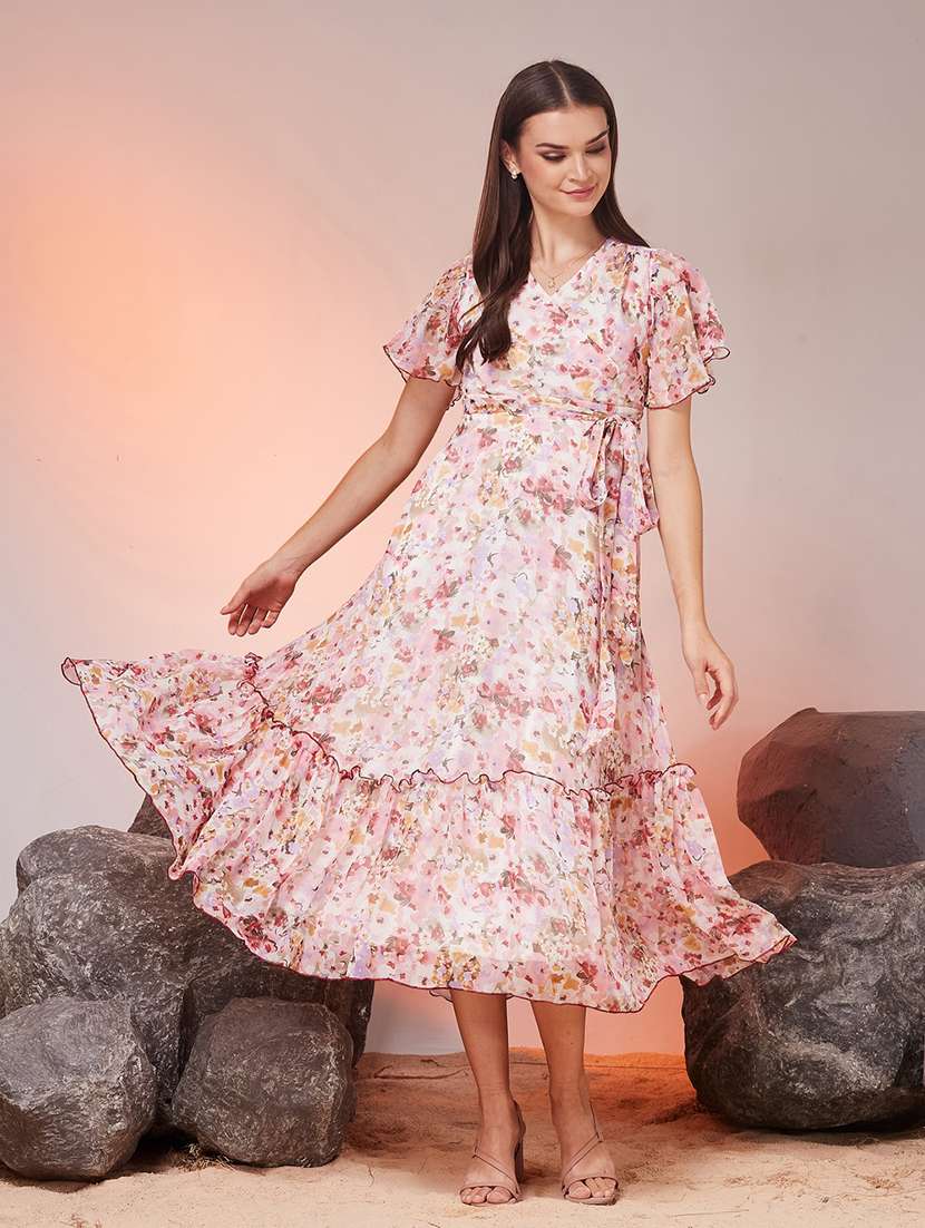 women printed flared sleeves tiered dress
