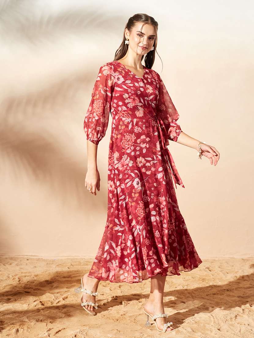 Women Printed Three Quarter Sleeves Wrap Dress - 22588173 -  Standard Image - 3
