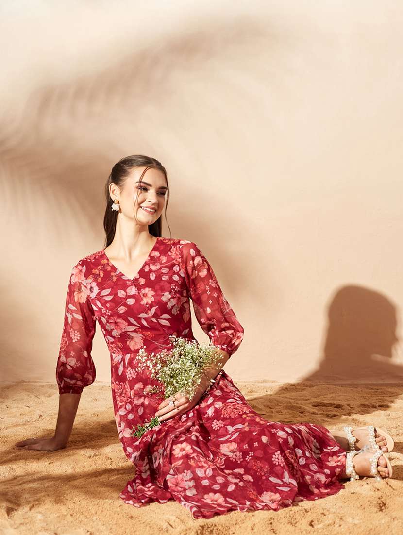 Women Printed Three Quarter Sleeves Wrap Dress - 22588173 -  Standard Image - 5