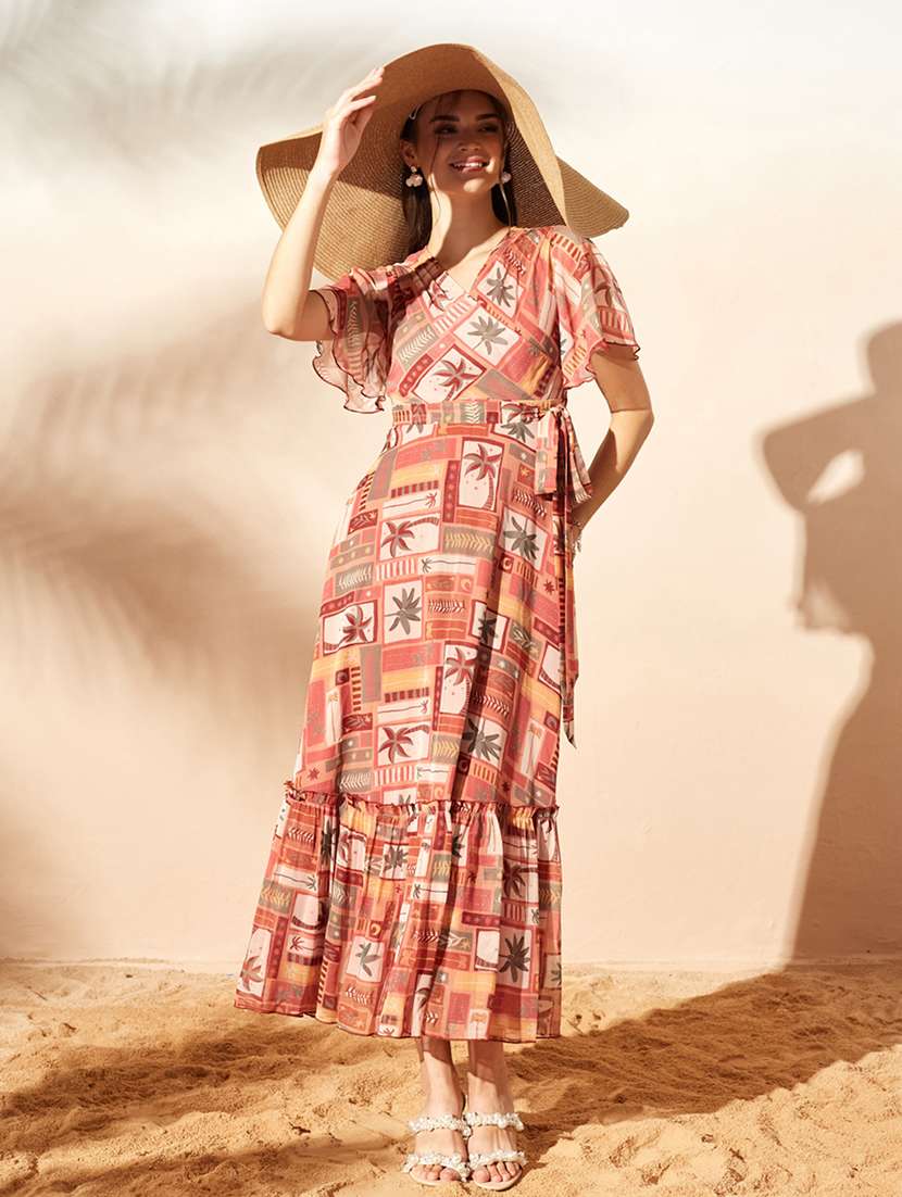 women printed flared sleeves tiered dress