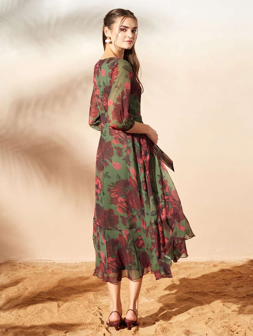 Women Printed Three Quarter Sleeves Wrap Dress - 22588189 -  Standard Image - 3