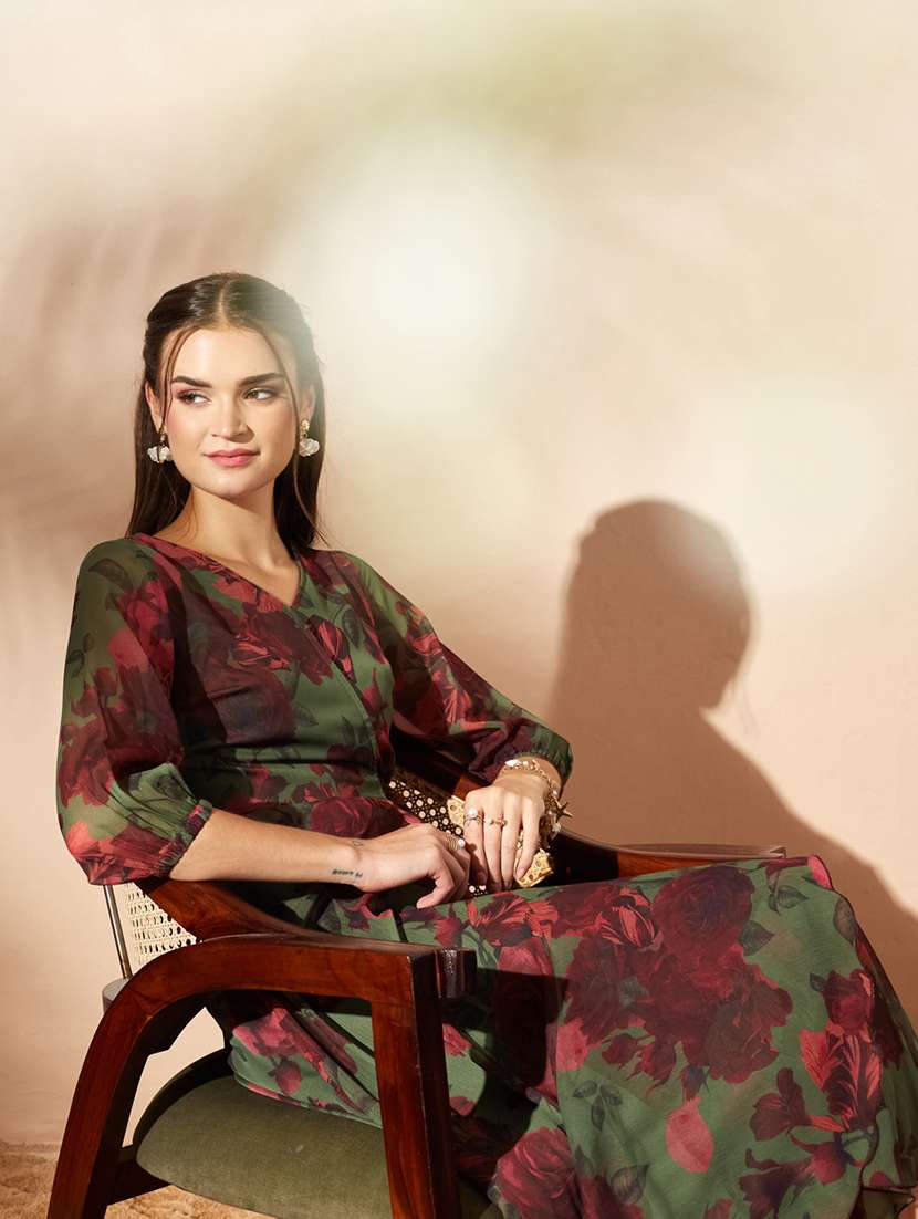 Women Printed Three Quarter Sleeves Wrap Dress - 22588189 -  Standard Image - 5