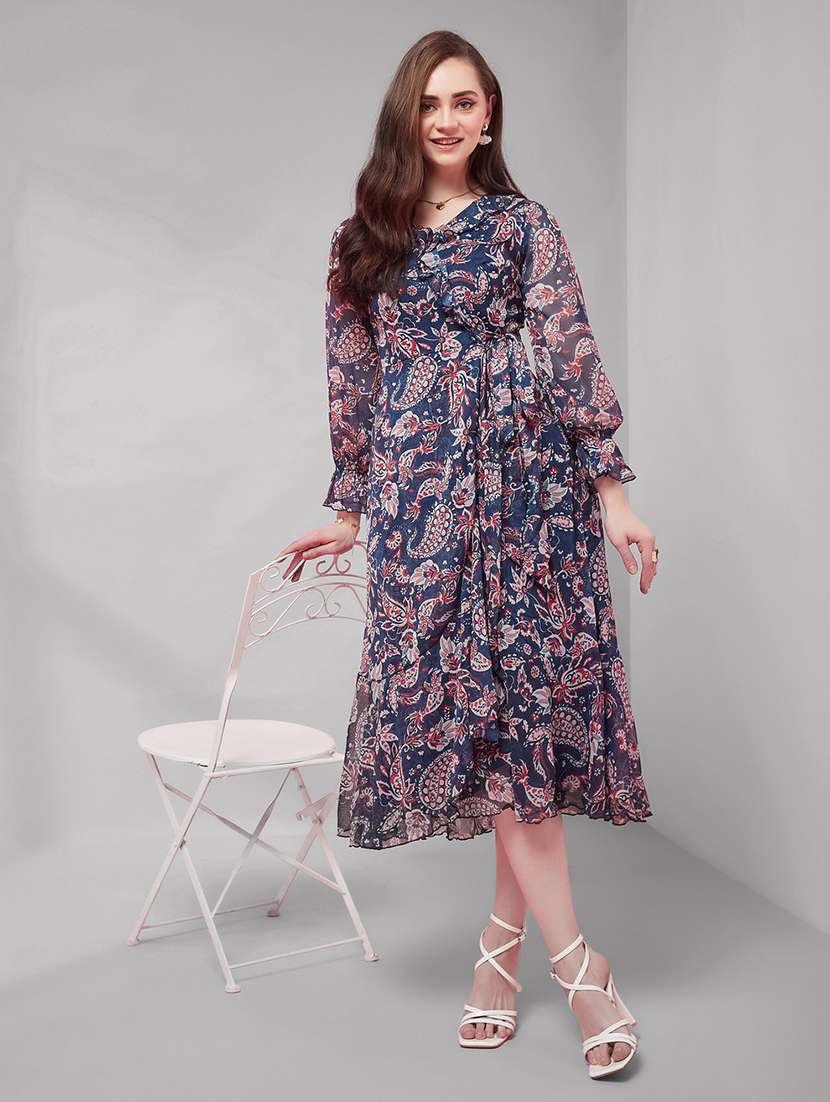 women printed long sleeves wrap dress