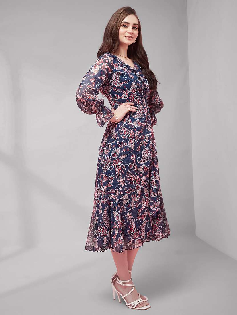 women printed long sleeves wrap dress - 22588190 -  Standard Image - 3