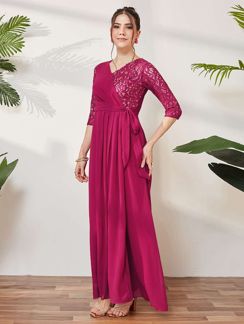 women self design three quarter sleeves wrap dress - 22588191 -  Standard Image - 3