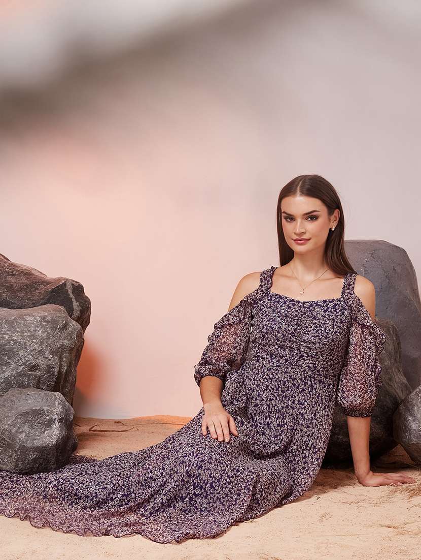 women printed cold shoulder fit and flare dress - 22588195 -  Standard Image - 5