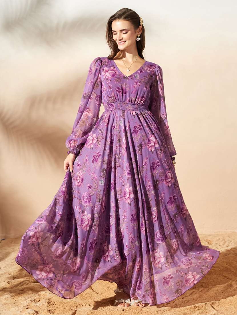 women printed bishop sleeves fit and flare dress