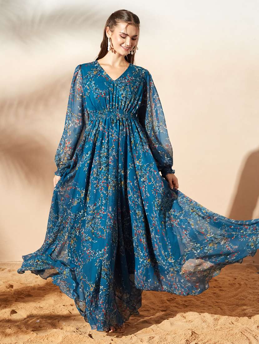 women printed bishop sleeves fit and flare dress - 22588215 -  Standard Image - 3