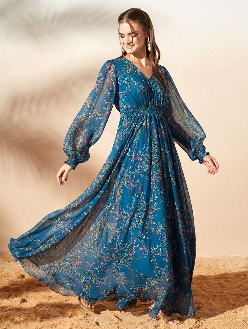 women printed bishop sleeves fit and flare dress - 22588215 -  Standard Image - 5