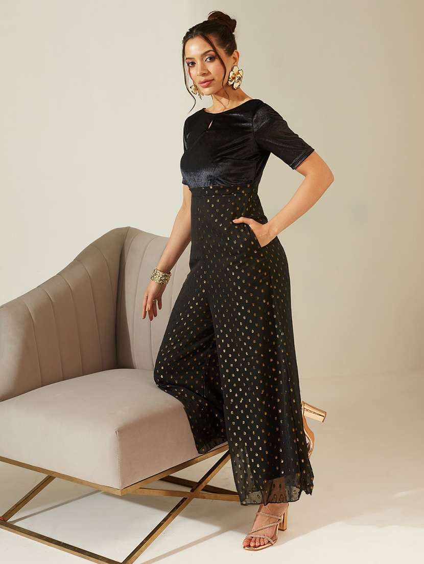 women self design short sleeves full leg jumpsuit