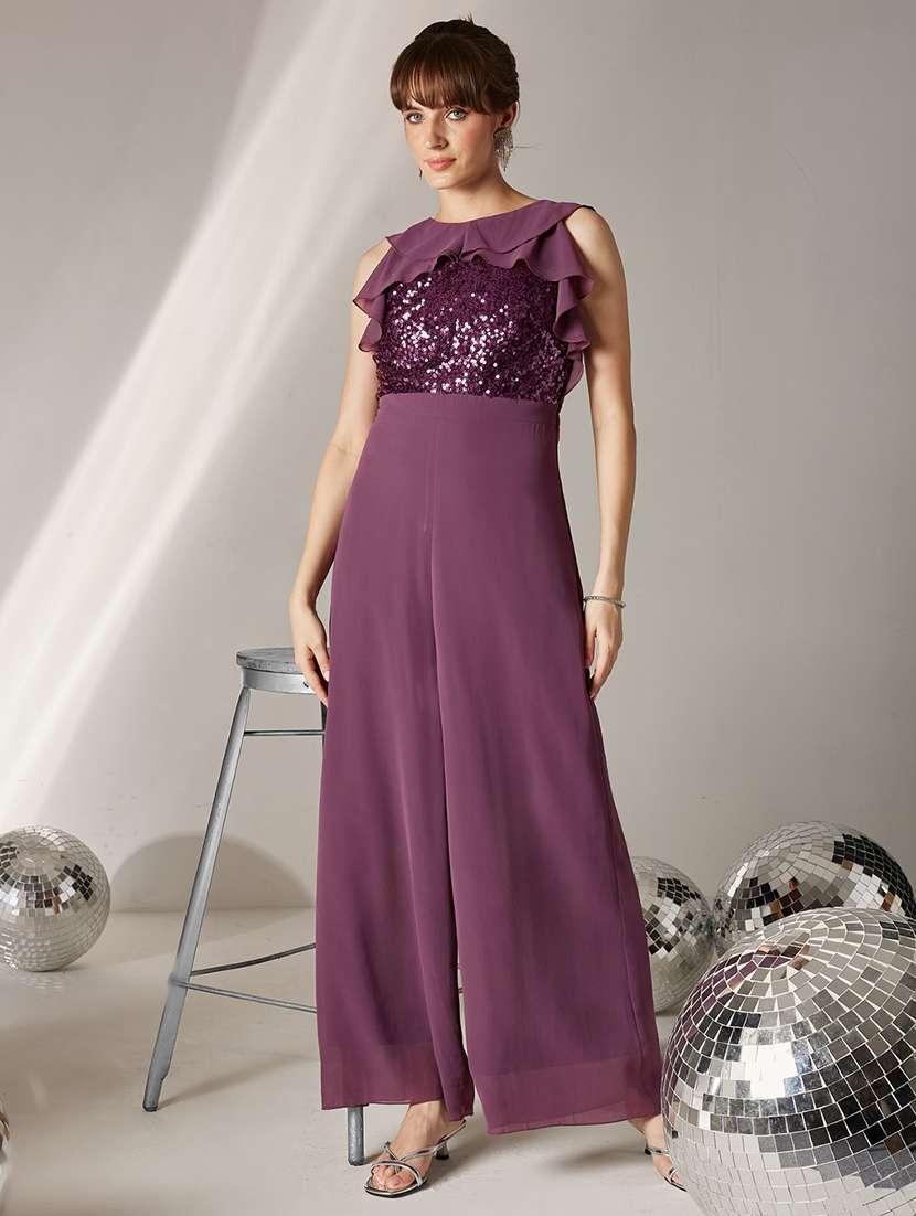 women sequined sleeveless full leg jumpsuit