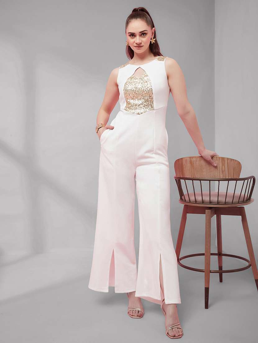 women sequined sleeveless full leg jumpsuit