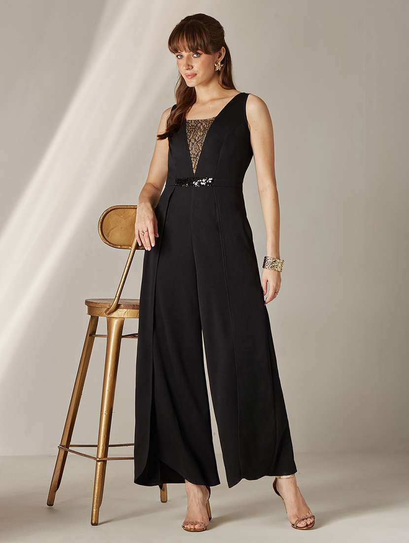 women self design sleeveless full leg jumpsuit