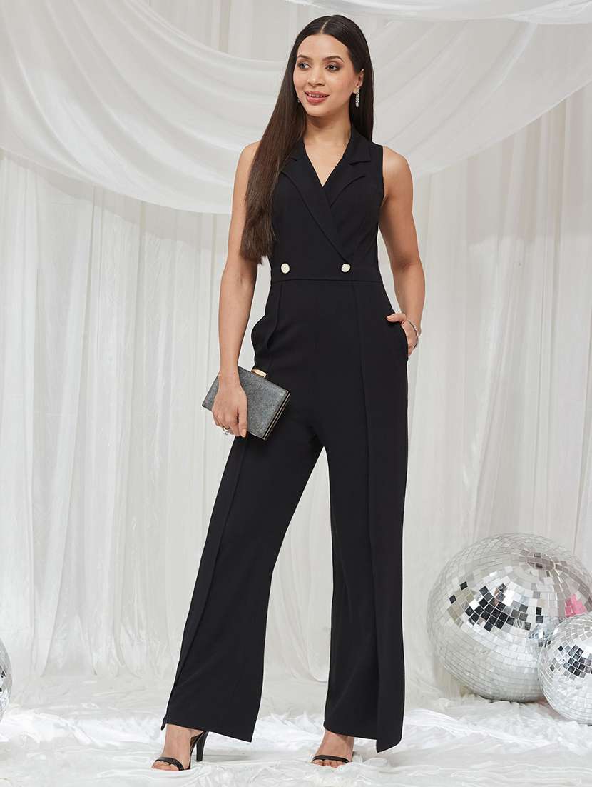women solid sleeveless full leg jumpsuit