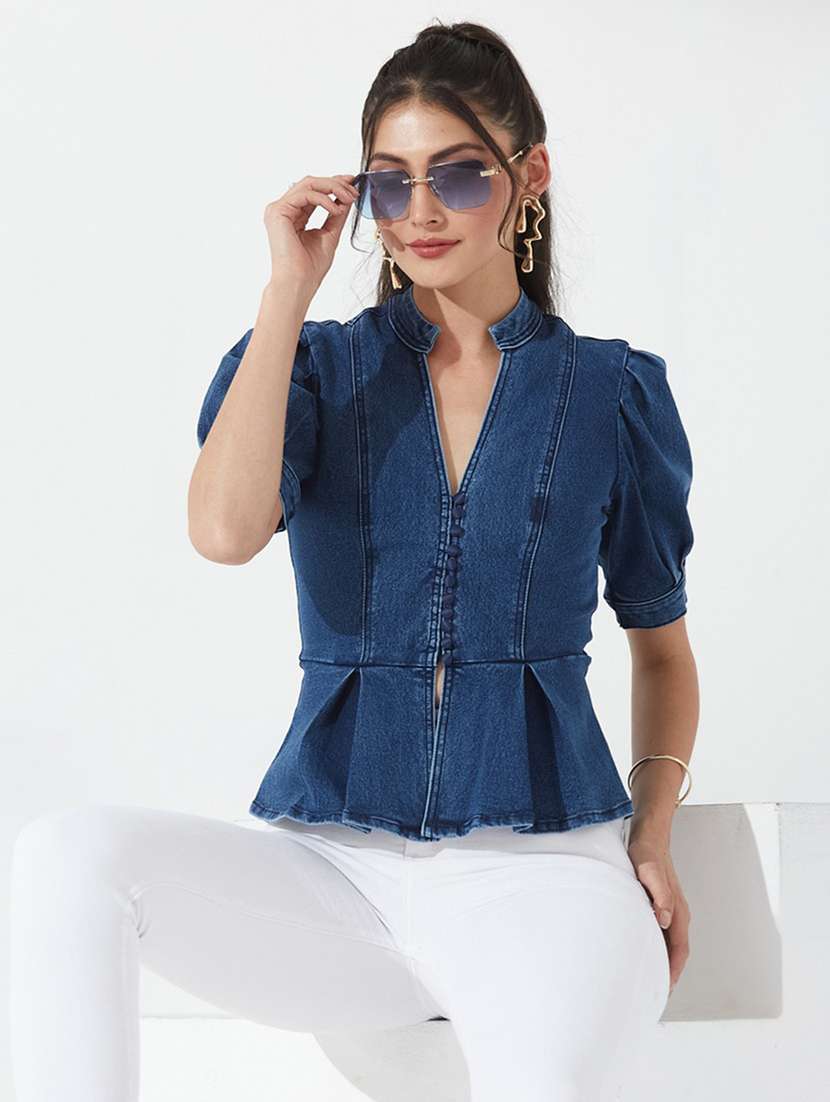 women solid puff sleeves peplum top