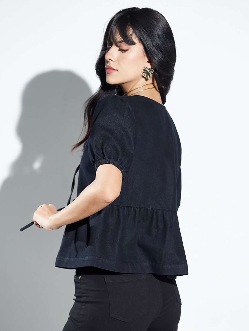 women solid puff sleeves peplum top - 22588253 -  Standard Image - 3