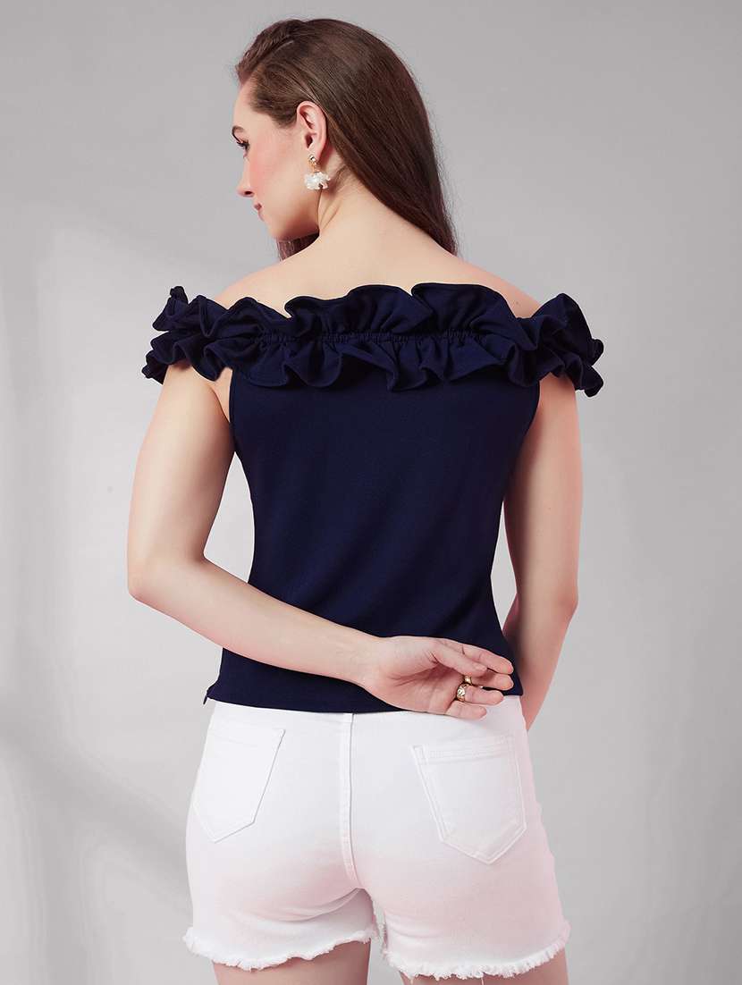 women solid off shoulder ruffle top - 22588255 -  Standard Image - 3
