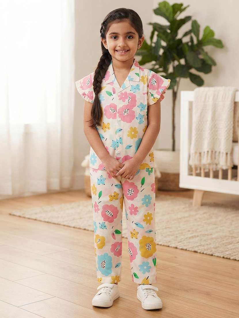girls printed short sleeves shirt and pyjama set