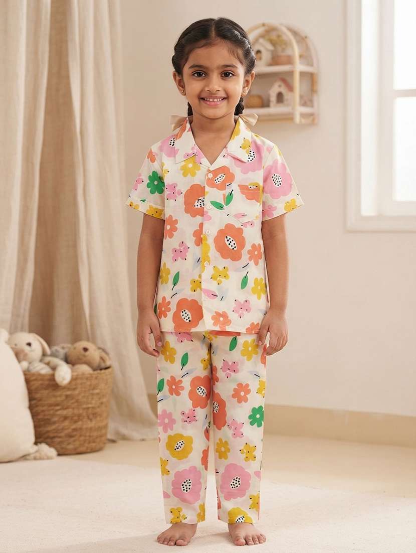 girls printed short sleeves shirt and pyjama set
