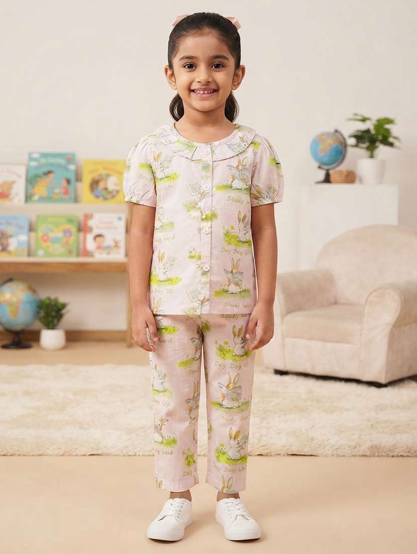girls printed short sleeves shirt and pyjama set
