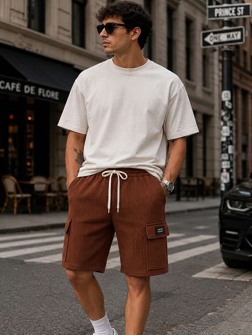 men textured mid rise relaxed fit cargo shorts