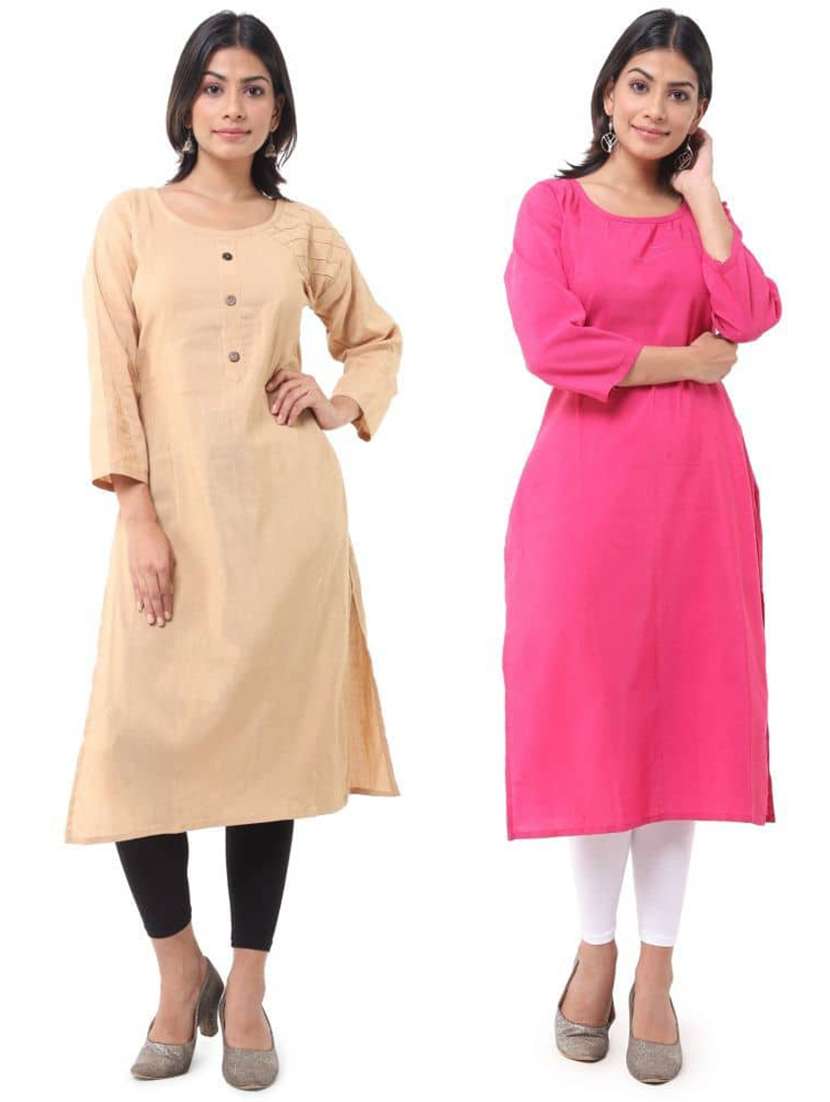 women pack of 2 solid three quarter sleeves straight kurta