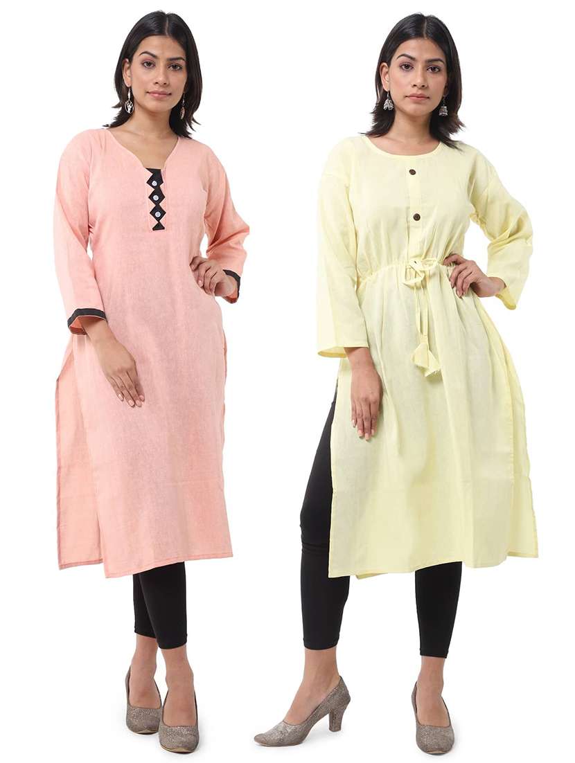 women pack of 2 solid three quarter sleeves straight kurta